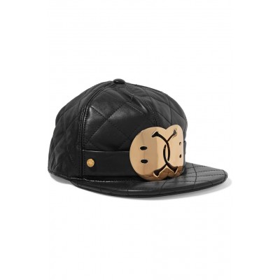 $595 MOSCHINO Couture x Jeremy Scott QUILTED BLACK LEATHER Hat Cap GOLD SMILEY  eb-80506634